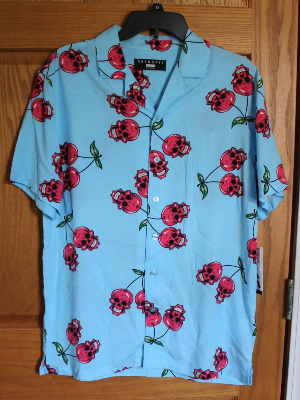 Retrofit Men's M Cherry Skulls Smiling Face Button Front Casual Shirt Blue
